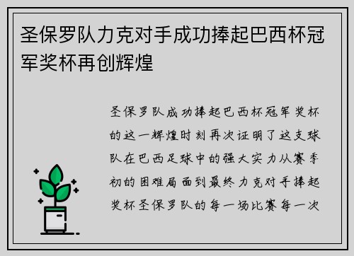 圣保罗队力克对手成功捧起巴西杯冠军奖杯再创辉煌
